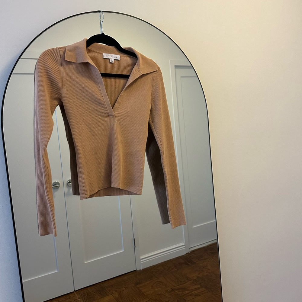 INTERMIX Ribbed Button Down Shirt in Tan